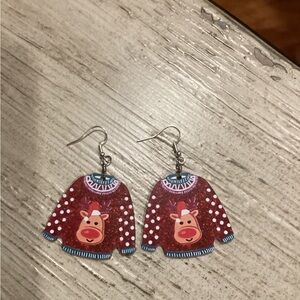 🎄Reindeer “ugly Christmas” Sweater Earrings - Red